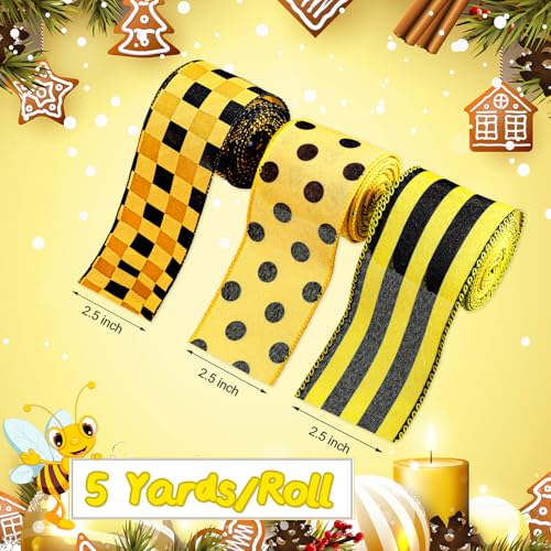 Image of 3 Rolls 15 Yards Burlap Wired Ribbon Christmas Wrapping Farmhouse Craft Ribbon Plaid Striped Dot Pattern for Party Home DIY Crafts Holiday Decoration (Yellow and Black)