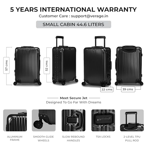 Image of Verage Secure Jet Full Aluminium Body (35 Liters) Cabin Size Luggage with Zipperless Frame Closure & Dual TSA Approved Clasp Locks Spinner Suitcase Trolley Bag for Travel (Black)