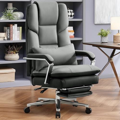 Ckaff Sedia Ufficio Ergonomica, Poltrona Direzionale in Pelle PU, Sedia da Ufficio con Poggiapiedi e Supporto Lombare, Sedia Scrivania Reclinabile Girevoli Altezza Regolabile 200kg, Grigio
