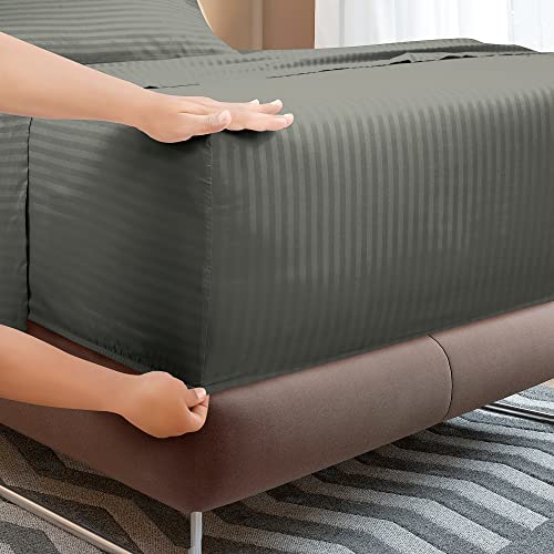 Image of ROYALE LINENS 3 Piece Twin XL Sheets Set - Soft Brushed 1800 Microfiber - 1 Fitted, 1 Flat Sheet, 1 Pillow case - Wrinkle Free & Fade Resistant - Hotel Luxury Bed Sheets (Stripe Grey, Twin XL)