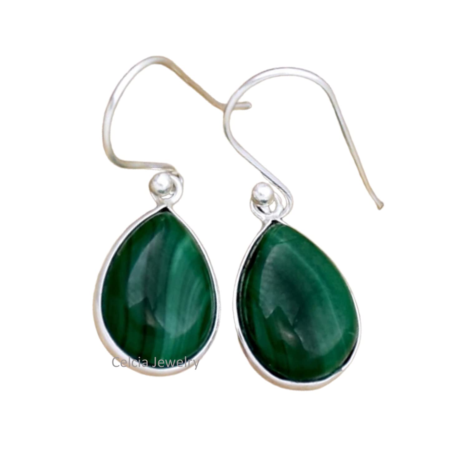 CELCIA JEWELRYPendientes colgantes de lágrima de plata de ley 925 maciza para mujer, pendientes delicados de piedras preciosas de malaquita genuina, pendientes únicos hechos a mano