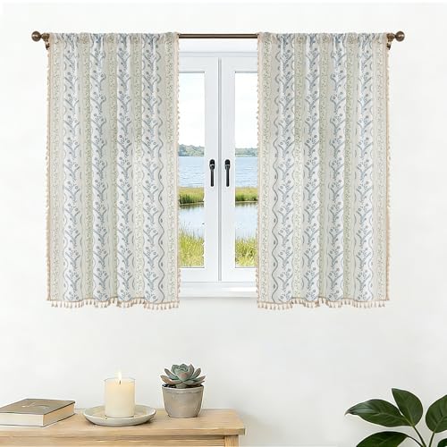 Image of Blue| Sage on White Boho Curtains 45 Inch Long for Living Room, Bedroom, 2 Panels Floral Farmhouse Vintage Tassel Semi Sheer Privacy Window Curtain Drapes with Rod Pocket