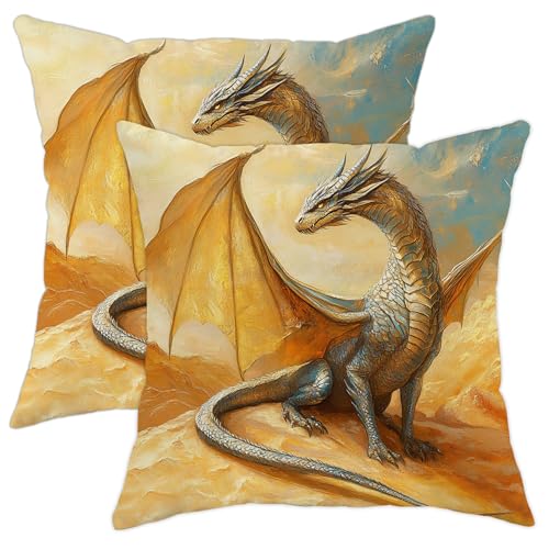 Fantasy Dragon - Juego de 2 fundas de almohada de criatura mítica con alas doradas, fundas de cojín cuadradas decorativas de temporada para el hogar, sofá, dormitorio, 18 x 18 pulgadas