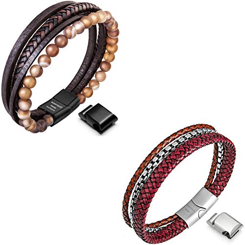 Speroto Mens Bracelets,bead leather bracelets,steel leather bracelets for men in 7.5inch