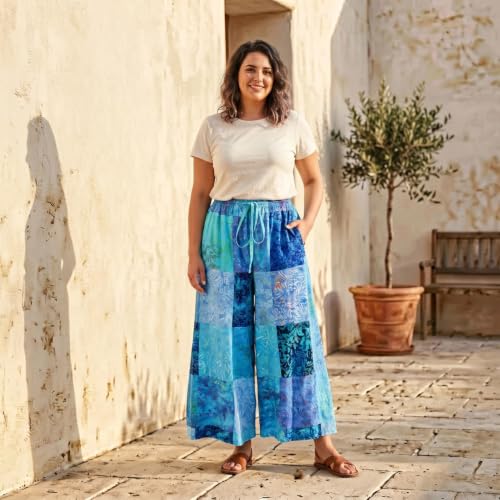 Pantalon palazzo ample et confortable à coupe évasée patchwork - 4