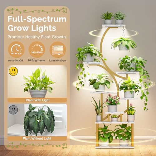 Image of Plant Stand with Grow Lights for Indoor Plants, 8-Tiered Tall Corner Plant Shelf with Full Spectrum Light, S-Shaped Space-Saving Narrow Flower Holder, Anti-Tip for Living Room Bedroom, Faux Marble