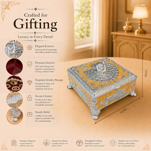 Image of Diviniti Silver Plated Peacock Decorative Box with Premium Gift Box | Luxury Multipurpose Storage Box for Home Decor, Sweets & Corporate Gifting (Gold /Orange)