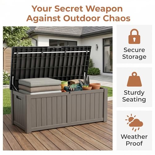 Image of 148 Gallon Resin Deck Box - Outdoor Storage Chest for Patio Furniture Cushions, Garden Tools, Pool Accessories & Backyard Organization Lockable Waterproof All-Weather Wood Grain Design, Easy Assembly