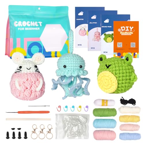 TIDGAD Crochet Kits for Beginners Adults Kids Crochet Starter Kit Beginner Crochet Kit 3 Pcs Complete Animal Crochet Yarn Set with Instructions and Video Tutorials Crochet Gift Kit for DIY Craft Art