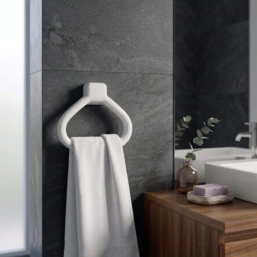 Image of CIPLA PLAST Modern Wall Mounted Towel Ring Holder | Self Adhesive Towel Ring for Bathroom | Premium Plastic Bathroom Hand Towel Hanger, Durable & Rust-Free, Easy Installation, White Finish