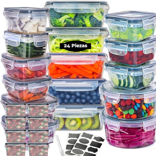 SNORF Juego de 24 Piezas Recipientes Herméticos para Almacenar, Etiquetas de Pizarrón y Marcador, Herméticos para lunch, Organizador de Plástico...