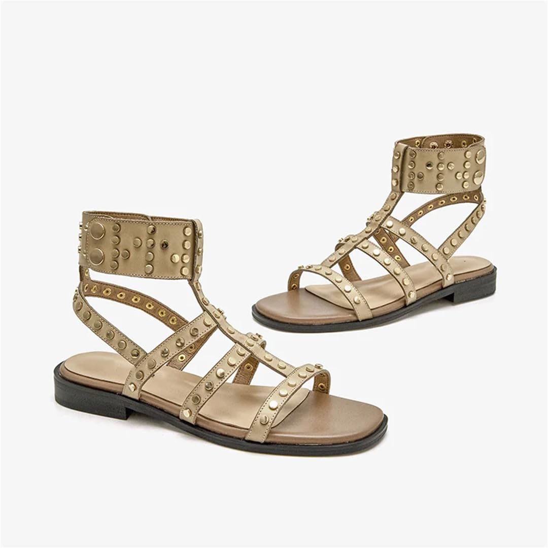 Sandalias de gladiador con correa de hebilla y correa al tobillo para mujer, tacón cuadrado, lado abierto, estilo gladiador, piel de vaca, detalle de remaches, estilo romano casual