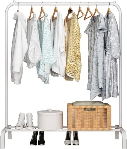 Image of Metal Multifunctional Heavy-Duty Quality Garment Stand Cloth Rack Freestanding Storage Organizer With Bottom Shelves Adjustable Single Pole Coat Hanger