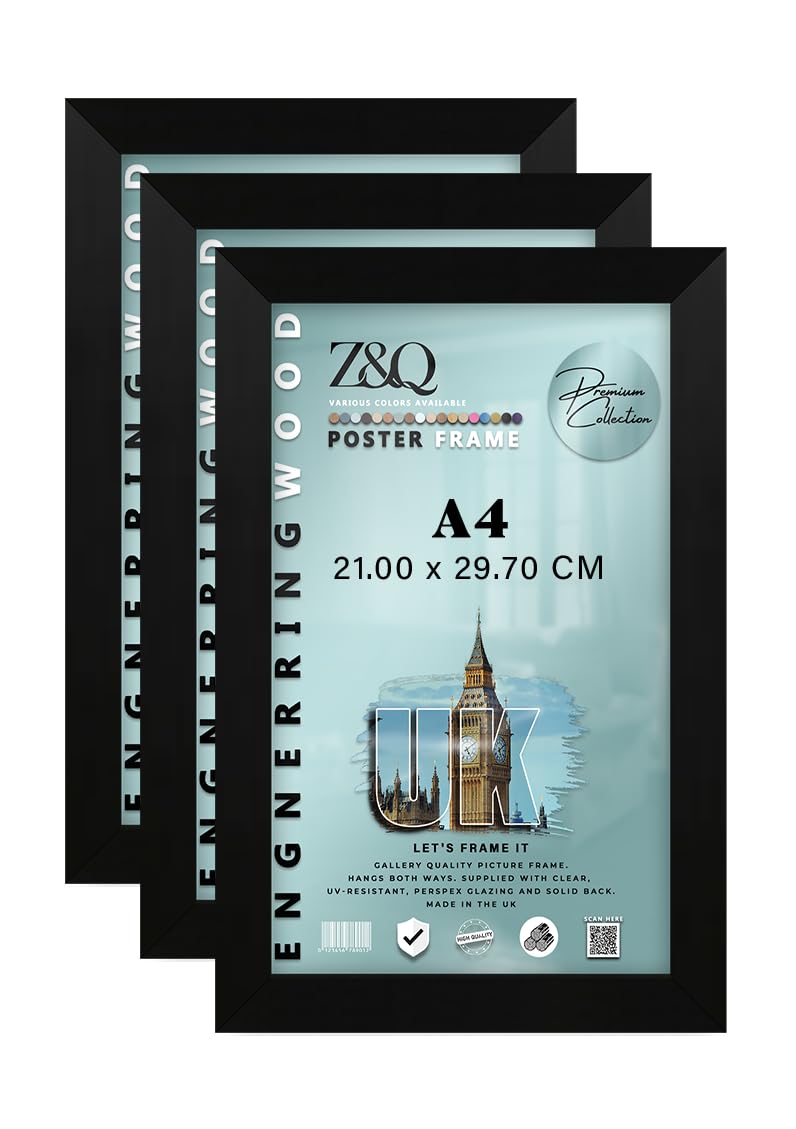 Z&Q Pack of 3 MDF Wood Finish A4 (21.00 x 29.70 CM) Poster/Picture Frame | for Art Gallery, Room Wall Decor 11 x 8 Inch Portrait/Landscape Display [ Matt Black ]