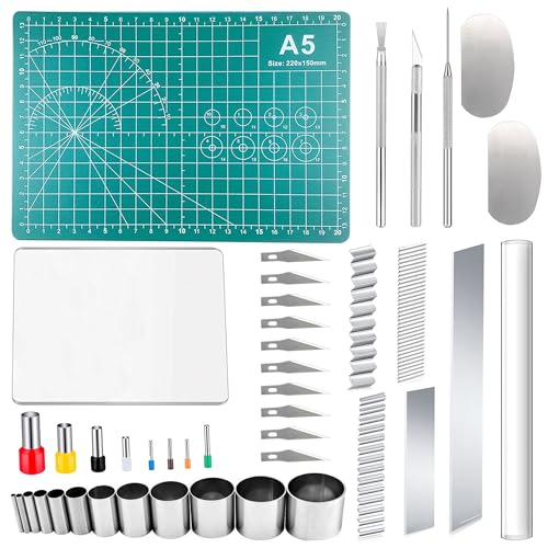JMZLLRX Polymer Clay Tools Set Acryl Tonrollen Acrylplatte Schneidematte Runde Polymer Clay Ausstecher mit Clay Slicer Blade für Töpferei und Bildhauerei 43 Stück