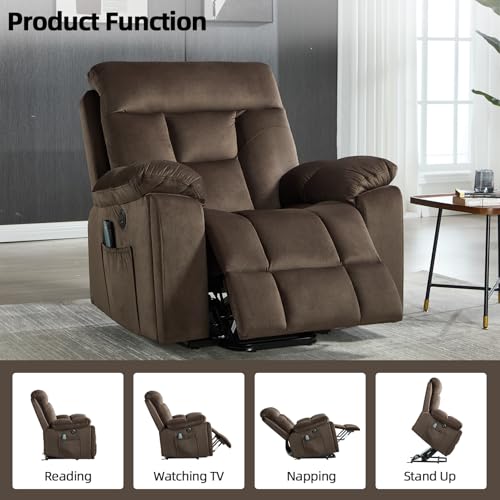 Image of CANMOV Large Power Lift Recliner Chair with Massage and Heat for Elderly Big and Tall People, Overstuffed Wide Recliners with 2 Cup Holders, Side Pocket and USB Port, Dark Brown