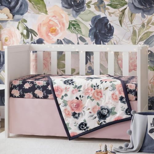 Image of Hahafelt 3 Pcs Navy and Pink Floral Crib Bedding Set for Girl