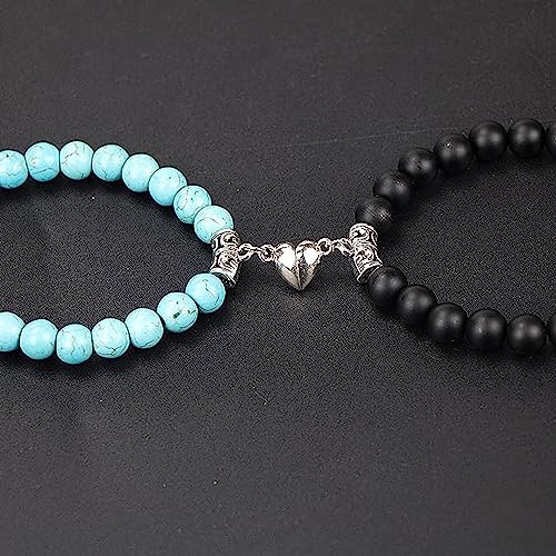 Image of Fashion Frill Stylish Couple Bracelets Black & White Red Natural Stone Onyx Stretchable Wrist Band Heart Magnetic Bracelet For Women Men Boys Girls Love Gifts Friendship Promise Bracelets