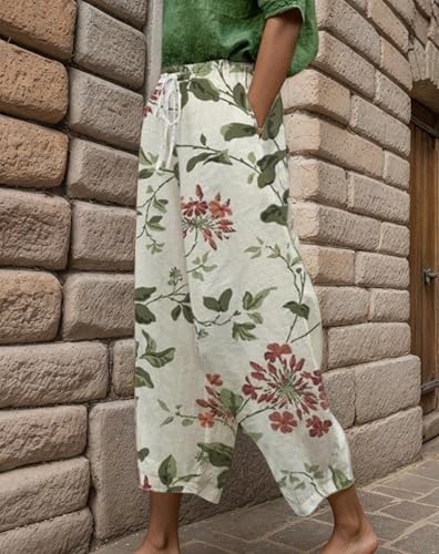 TIAFORD Womens Summer Boho Floral Print Drawstring Crop Pants Elastic Waist Casual Loose Beach Capris Trousers with Pockets2