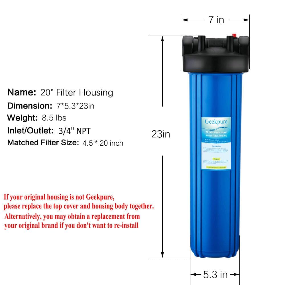 Geekpure 20 Inch Whole House Water Filter Housing 3/4
