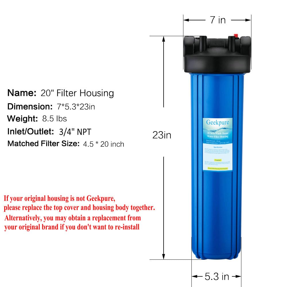 Geekpure Wasserfiltergehäuse für das ganze Haus, 50,8 cm, 1,9 cm Einlass/Auslass mit Schlüssel und Halterung, 11,4 x 50,8 cm, Blau