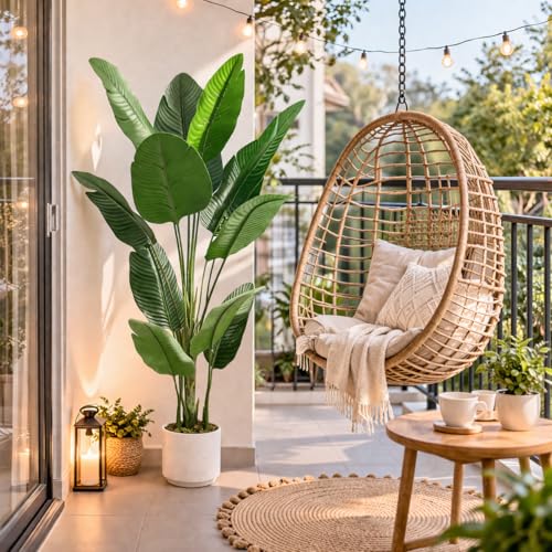 Image of Garden Art Artificial Traveller's Palm Plant with White Pot | 120 cm Real Touch Natural Looking Indoor Plant for Home, Office & Living Room Decor | 12 Leaf Branches (GAJW3538)