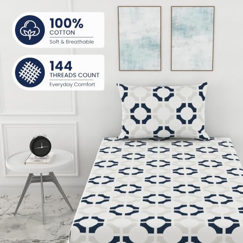 Image of LORETO - A QUALITY LINEN BRAND 144 TC 100% Pure Cotton Single Fitted Bedsheet with 1 Pillow Cover for 72 x 36 Inch Mattress, All-Around Elastic, 8 Inch Deep Pocket, Colonial Blue Matrix
