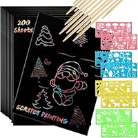 ZEAYEA 200 Pcs Scratch Paper Art Set, Scratch Off Magic Paper with 10 Stylus, 8 Stencils, Black Scratch Notes for Boys and Girls DIY Crafts Christmas Birthday Gift Cards