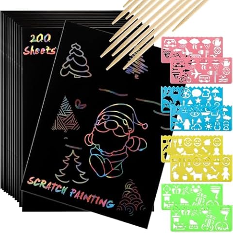 ZEAYEA 200 Pcs Scratch Paper Art Set, Scratch Off Rainbow Magic Paper with 10 Stylus, 8 Stencils, Black Scratch Notes for Boys and Girls DIY Crafts Christmas Birthday Gift Cards Cover