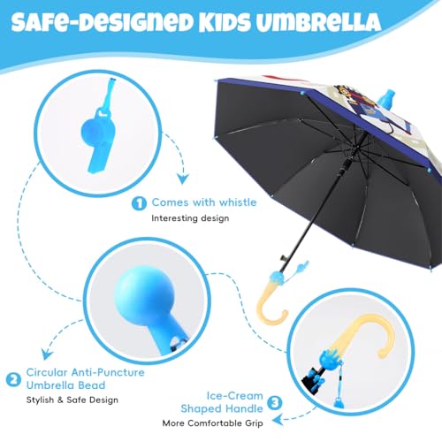Image of PALAY Kids Unicorn Anime Girl Umbrella with Whistle Handle, 88cm Diameter Cartoon Pink Rain Umbrella for Ages 5-8 Water-Resistant Polyester Canopy, Safe Non-Slip J-Hook Handle Kids Rain Gear
