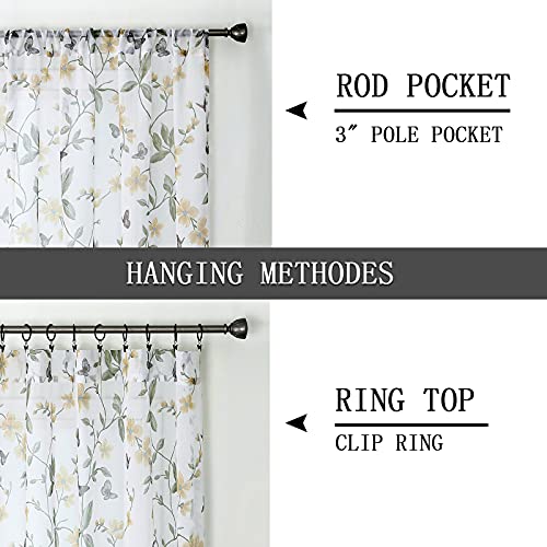 Tollpiz PTHDYELLOW5445 Sheer Floral Curtains Yellow Flower Butterfly Printed Bedroom Curtain Rod Pocket Voile Faux Linen Short Window Curtains For Living Room, 54 X 45 Inches Long, Set Of 2 Panels thumb #4