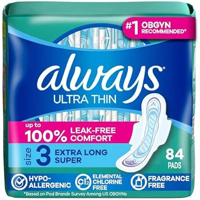Always Ultra Thin Feminine Pads with Wings for Women, Size 3, Extra Long Super Absorbency, Unscented, Up to 100% Leak-Free Protection, 84 Count Total