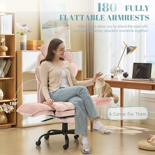 Image of Flip Armrests Criss Cross Office Chair, Reclining Office Chair with Foot Rest, Adjustable Headrest, Massage Waist Pillow, Cross Legged Big and Tall Desk Chair Wide Seat Vanity Chair, Pink Fabric