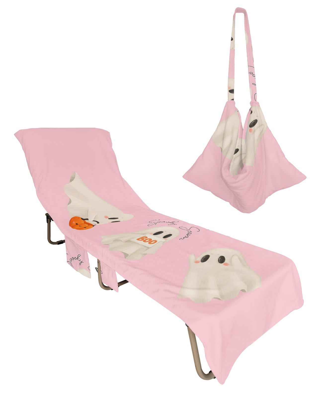 Halloween Beach Chair Towel Covers for Chaise Lounge with Side Pocket, Soft Plush Pool Towels Cover for Patio Sunbathing Outdoor 29''x85'' Blush Pink Cute Ghost Watercolor