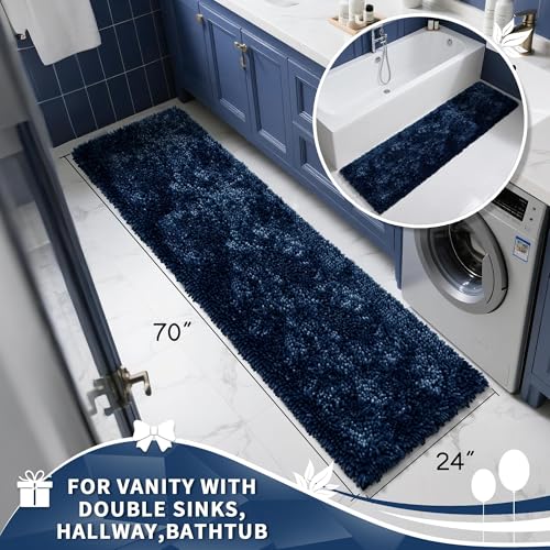 Image of Yimobra Long Bathroom Rugs Runner 70x24 Inch, Extra Thick Soft Absorbent Chenille Bath Mat, Non Slip Machine Washable, Quick Dry Bath Rugs for Bathroom Floor, Tub and Shower, Peacock Blue
