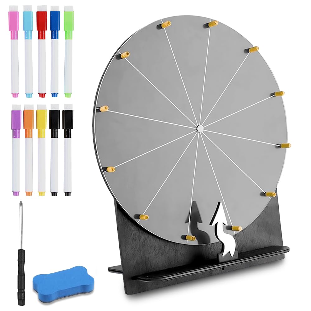 Roue de la Fortune, TGKYK 30cm 12 Slots Roue de Prix en Bois avec Gomme, Marqueur et Tournevis, Roue de la Chance, Kit de Roue de Récompense pour Mariages, Fêtes, Écoles (Noir)