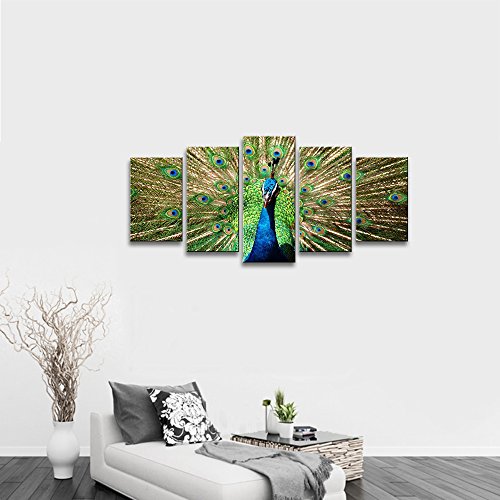 Wieco Art The Peacock Canvas Prints Wall Art Green Animals Pictures Paintings For Living Room Bedroom Kitchen Home Decorations Wall Decor 5 Piece Modern Stretched And Framed Grace Giclee Artwork #TOP3