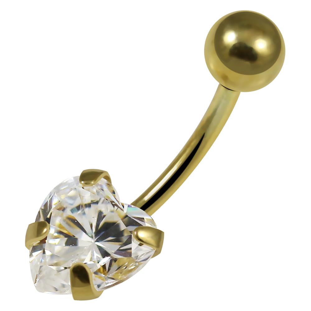 Piercing para ombligo de oro amarillo macizo de 14 quilates con circonita cúbica en forma de corazón, joyería para ombligo, joyería para ombligo, anillos curvados de oro