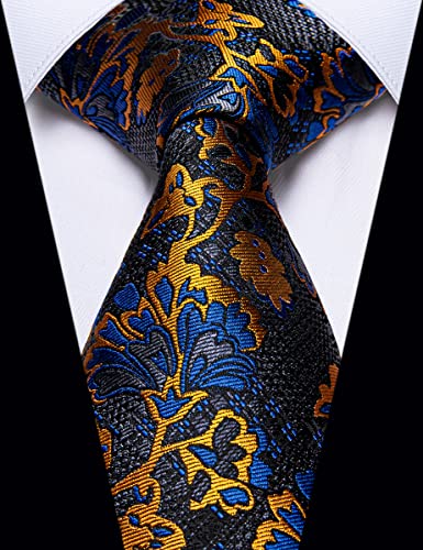 Image of YourTies Gold Blue Ties for Men Silk Floral Men's Necktie Woven Jacquard Formal Business Party Wedding Designer