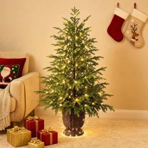 35.4in Large Artificial Christmas Tree with Fairy Light & Woven Basket - image 5