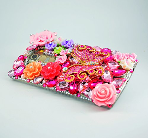 Stenes Lg G3 Case - Glamour Crystal 3D Handmade Sparkle Glitter Cute Pink Rhinestone Flowers Butterfly Floral Diamond Gem Rhinestone Bling Clear Hard Cover For Lg G3 Retro Bowknot Anti Dust Plug #TOP1