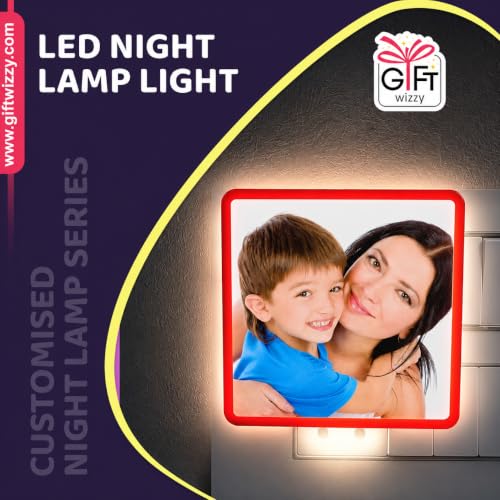 Image of Personalized Square Night Lamp with Custom Photo & Text | 4 x 4 Inch Plastic Night Light | Plug-in AC Powered | Custom Gift for Birthday, Anniversary, Home Decor & All Occasions (Red)