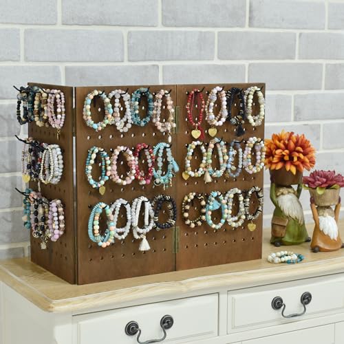 Mooca Wall-Mountable Wooden Foldable 3-Panel Pegboard Jewelry Display Organizer With 48 Removable Black Hooks thumb #7