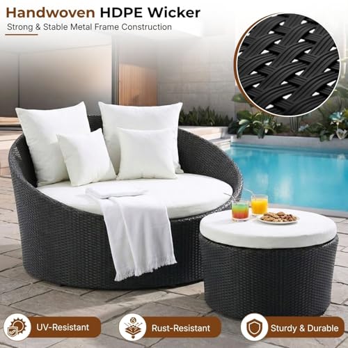 Image of DEVOKO Outdoor Pool Side, Garden, Balcony, Porch, Backyard, Terrace, Patio, Beach Round Sofa Wicker and Rattan Daybed with Table Furniture Set (Black & Offwhite)