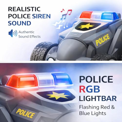 Image of SMART BOY Remote Controled Police Stunt Car Toy, All-Terrain Performance, 360 Rotating Rolling LED Flashing Lights with Police Siren Sound, Anti-Skid Rubber Tires, Grey, C Type Rechargeable 368PO