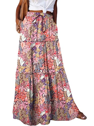 Women Bohemian Floral Long Maxi Skirt A-LIne High Waist Pleated Ruffle Flowy Tiered Swing Beach Long Floor Skirt
