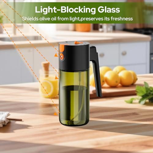 Spruzzino Olio 500 ml, 2-in-1 Spray & Versatore, Vetro Blocca Luce, Oliera Spray Ricaricabile per Cucina, Friggitrice ad Aria, Insalata e Grigliate, con Pennello (Nero) - immagine 5