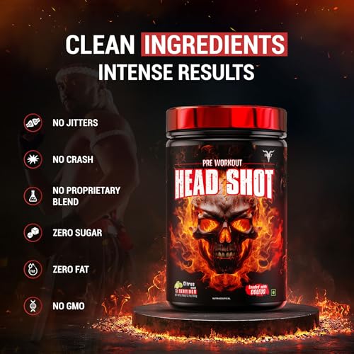 Image of Bolt Head Shot Pre-Workout | Extreme Energy Boost | Intense Muscle Pump & Focus | Zero Sugar, Zero Fat | Gym Performance Booster | 360 gm (72 Servings) | Citrus Blaze