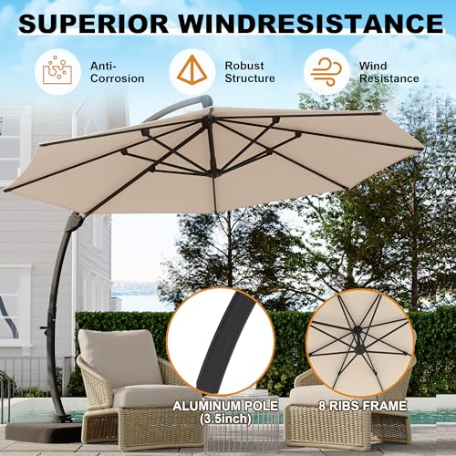 11FT Cantilever Patio Umbrella With Base Included, Cantilevers Outdoor Umbrella Heavy Duty Offset, Aluminium Curved Cantilever Umbrella