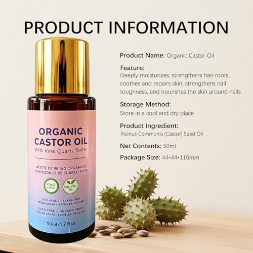 Image of Organic Castor Oil with Rose Quartz Roller Ball, 100% Castor Oil Organic Cold Pressed for Hair, Face & Body Skin Moisturizing Care, Hexane-Free. 1.7 Fl Oz